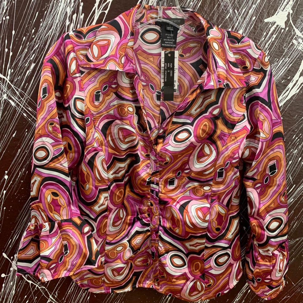 Ava & Grace Pink Orange Psychedelic Charmeuse Bell Cuff Blouse Top NWT Small